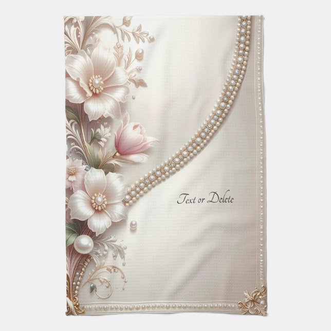 Floral and Pearl Embellishments Kitchen Towel (Vertical)