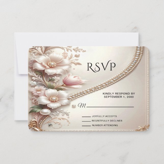 Floral and Pearl Embellishments RSVP Card (Front)