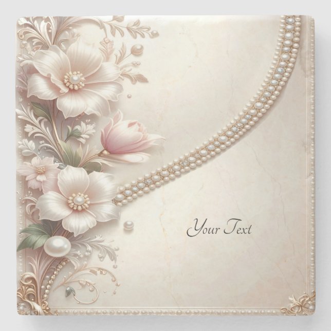 Floral and Pearl Embellishments Stone Coaster (Front)