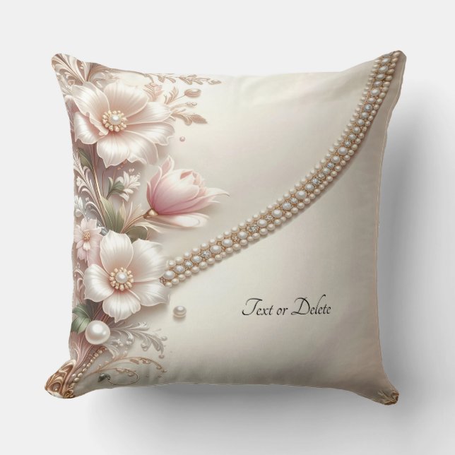 Floral and Pearl Embellishments Throw Pillow (Front)
