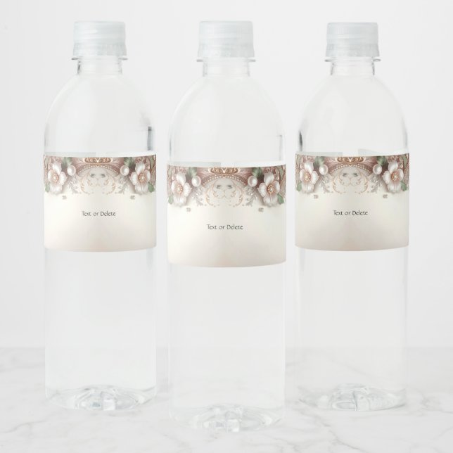 Floral and Pearl Embellishments Water Bottle Label (Bottles)