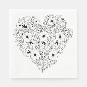 Floral Anemone Black & WHite Heart Flower Wedding Napkin