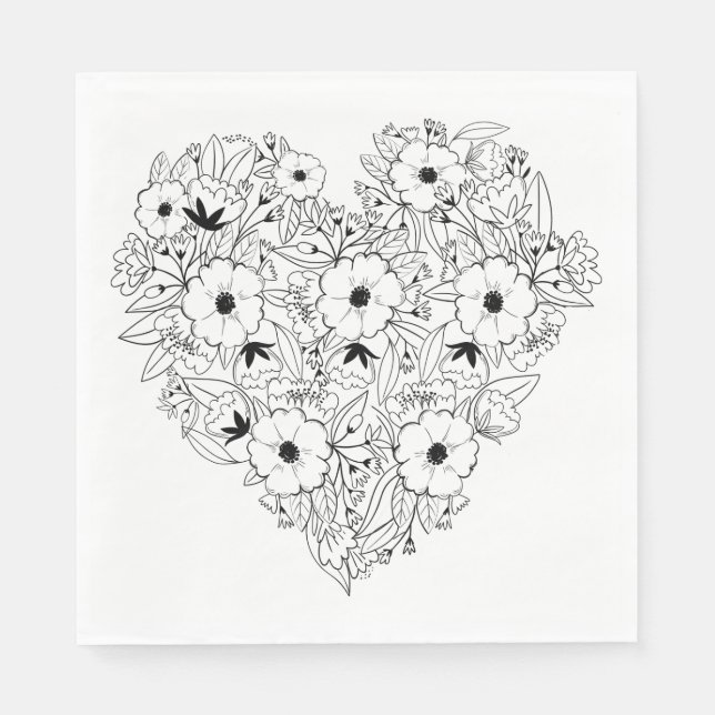 Floral Anemone Black & WHite Heart Flower Wedding Napkin (Front)