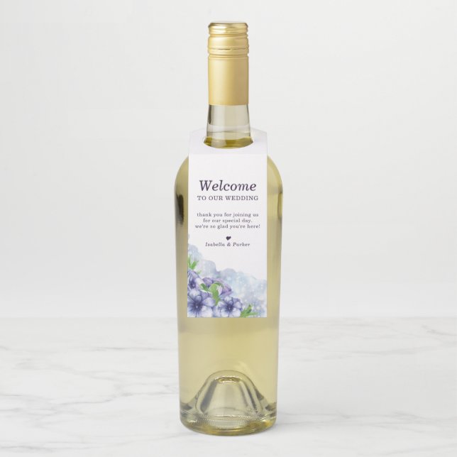 Floral Anemone Purple Wedding Welcome Bottle Tag (On Bottle)