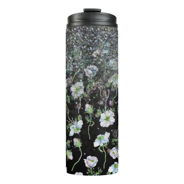 *~* Floral Anemone Silver Glitter Girly  Thermal Tumbler (Front)