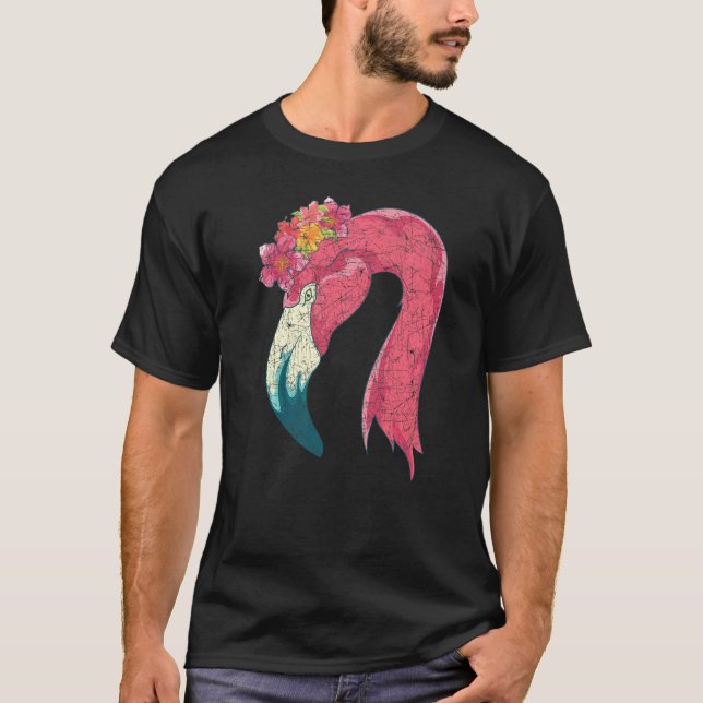 Floral Animal  Exotic Bird  Flower Pink Flamingo T-Shirt (Front)