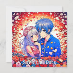 Floral Anime Themed Wedding Save The Date<br><div class="desc">Personalised wedding invitations with an anime theme. Anime boy and girl cuddling surrounded by colourful hearts and flowers. Cute anime girl and boy with blue hair.  Colours are red,  blue,  white and red mostly.</div>