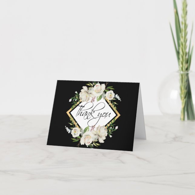 Floral Antique White Black Gold Wedding | PHOTO Thank You Card (Front)
