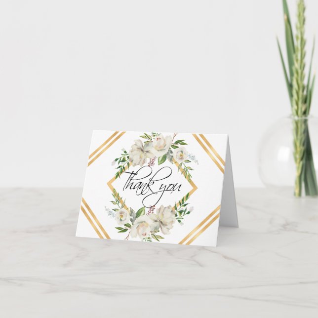 Floral Antique White Gold Wedding | PHOTO Thank You Card (Front)