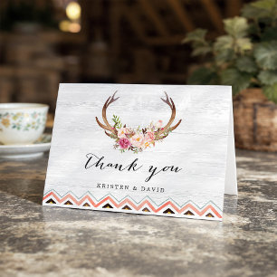 Floral Antler Rustic White Wood Boho Thank You Card