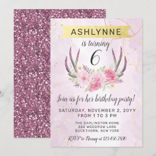 Floral Antlers & Blush Pink Gold Marble Birthday I Invitation