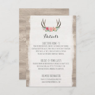 Floral Antlers Rustic Wedding Details / Directions Enclosure Card