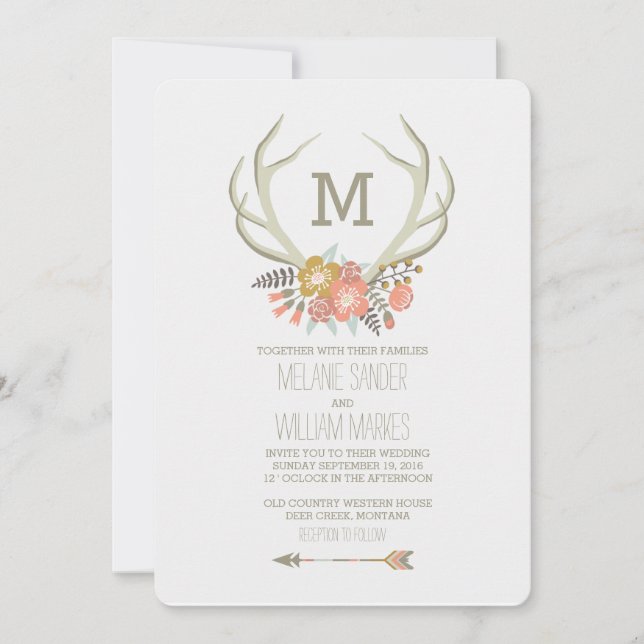 FLORAL ANTLERS | RUSTIC WEDDING INVITATION (Front)