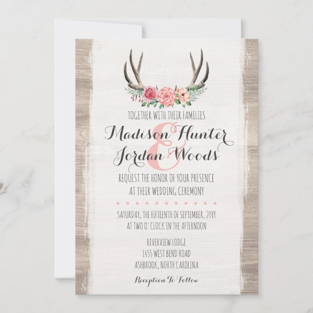 Floral Antlers Rustic Wedding Personalised Formal Invitation (Front)