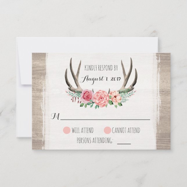 Floral Antlers Rustic Wedding Personalised RSVP (Front)