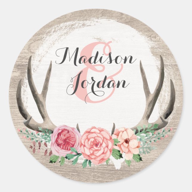 Floral Antlers Rustic Wood Wedding Personalised Classic Round Sticker (Front)