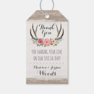 Floral Antlers Rustic Wood Wedding Thank You Gift Tags