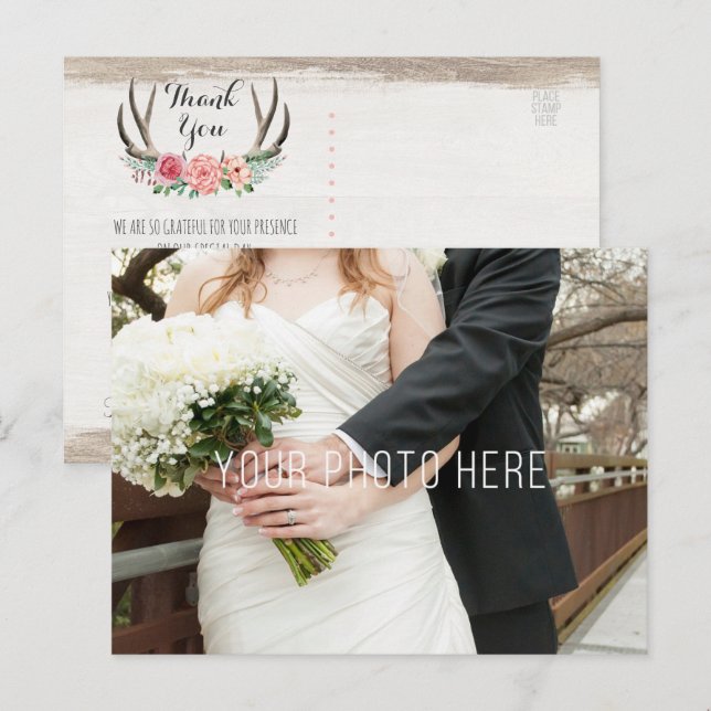 Floral Antlers Rustic Wood Wedding Thank You Postcard (Front/Back)