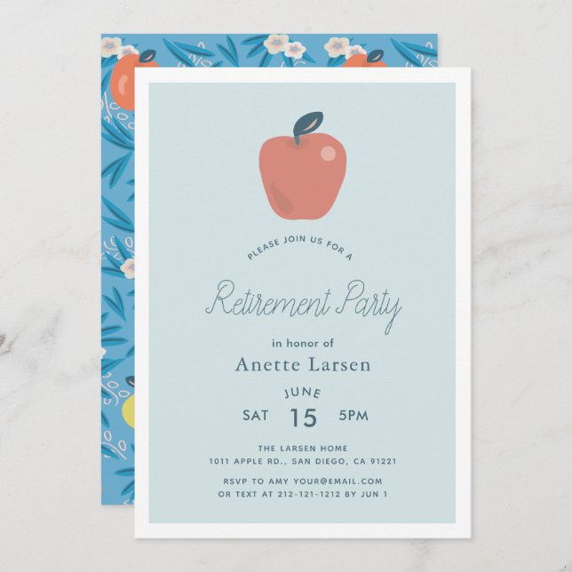 Floral Apple Blue Teacher Retirement Invitation (Front/Back)