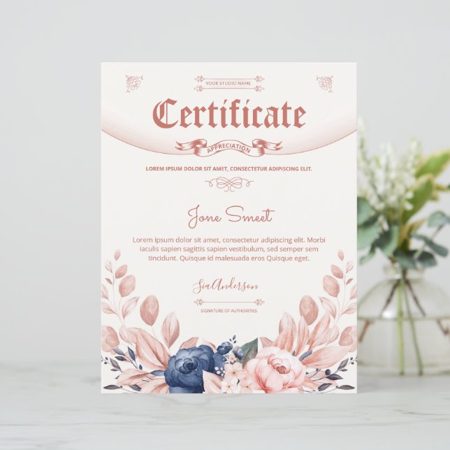 Floral Appreciation Certificate Template  (Standing Front)