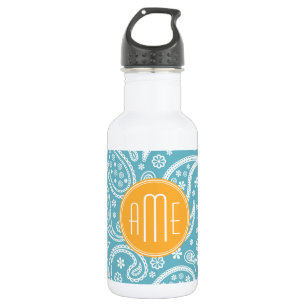 Floral Aqua Blue Paisley Pattern & Yellow Monogram 532 Ml Water Bottle