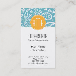 Floral Aqua Blue Paisley Pattern & Yellow Monogram Business Card