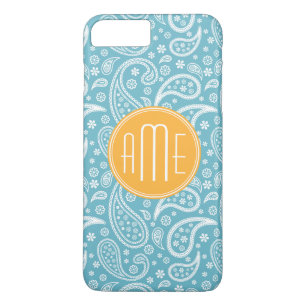 Floral Aqua Blue Paisley Pattern & Yellow Monogram iPhone 8 Plus/7 Plus Case