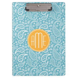 Floral Aqua Blue Paisley Pattern & Yellow Monogram Clipboard
