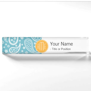 Floral Aqua Blue Paisley Pattern & Yellow Monogram Nameplate