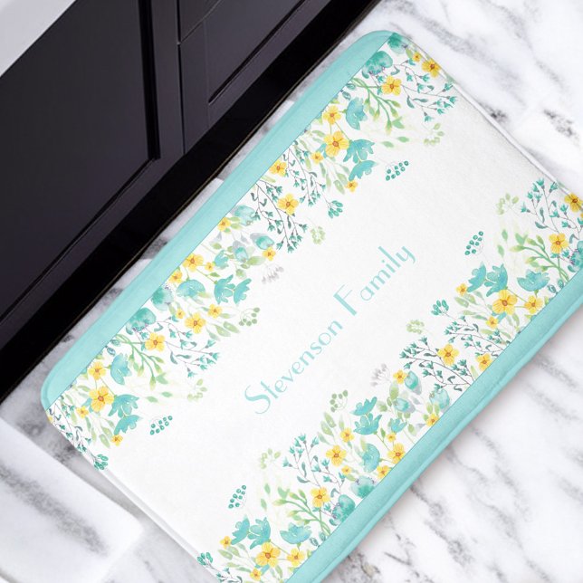 Floral Aqua Blue Yellow Wildflowers Family Name Bath Mat (Floral Aqua Blue Yellow Wildflowers Family Name Bath Mat)