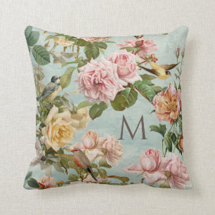 Floral Aqua Mint Rose Vintage Elegant Monogram Cushion