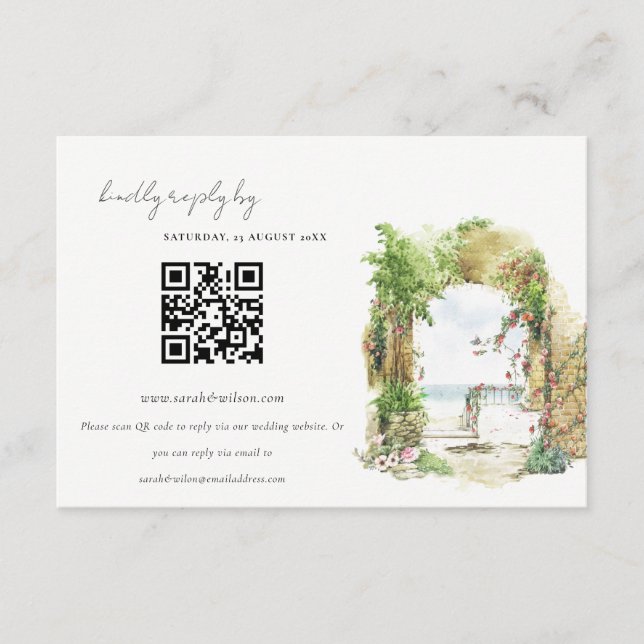Floral Arch Beach Seascape Wedding QR Code RSVP Enclosure Card (Front)