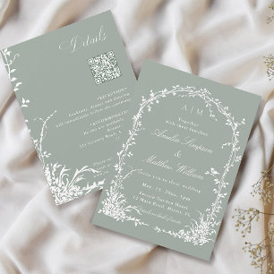 Floral Arch Garden Sage Green All in One Wedding   Invitation