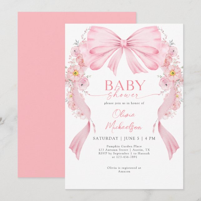 Floral Arch Girl Ribbon Bow Coquette Baby Shower Invitation (Front/Back)