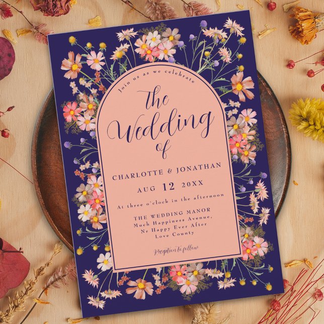 Floral Arch Navy Blue Elegant Fall Wedding Invitation (Boho floral arch with elegant script navy blue peach burnt Orange terracotta fall wedding invitation)