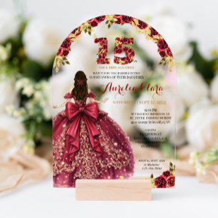 Floral Arch Red Princess Coquette Quinceanera Acrylic Invitations