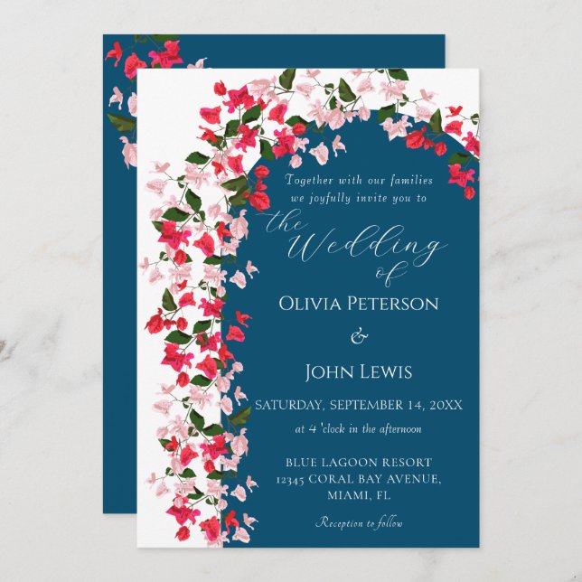 Floral Arch with Bougainvillea wedding Invitation (Front/Back)