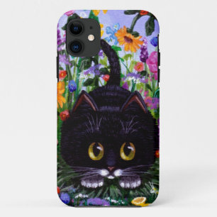 Floral Art Black Tuxedo Cat Flowers Creationarts iPhone 11 Case