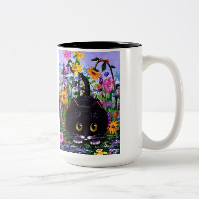 Floral Art Black Tuxedo Cat Flowers Creationarts Two-Tone Coffee Mug (Right)