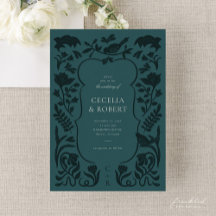Floral Art Deco Dark Turquoise Wedding Invitation