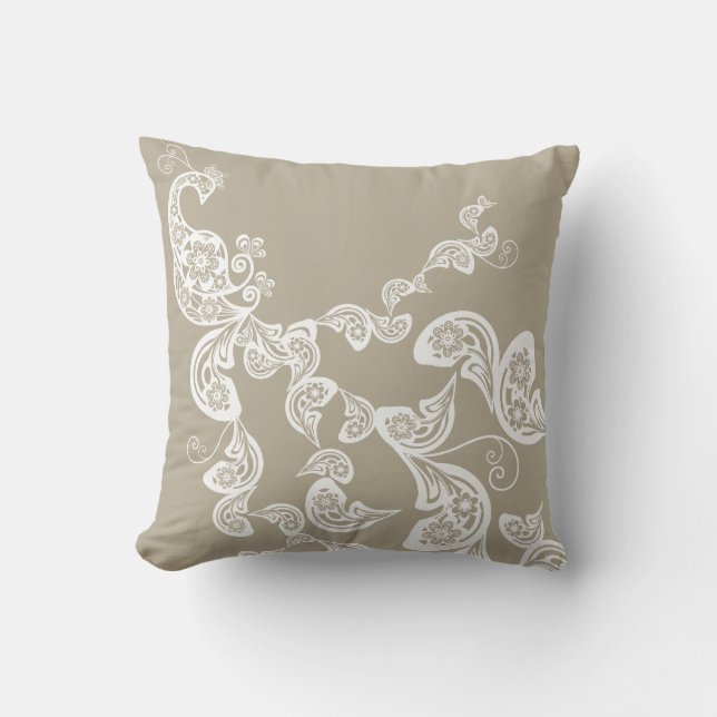 Floral Art Deco Peacock Pattern White Art Cushion (Front)