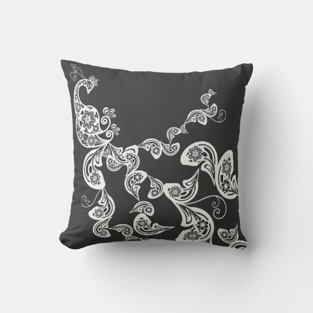 Floral Art Deco Peacock Pattern White Art Cushion (Front)