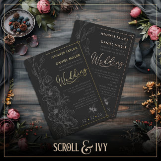 Floral Art Deco Slate & Black Wedding Invitation