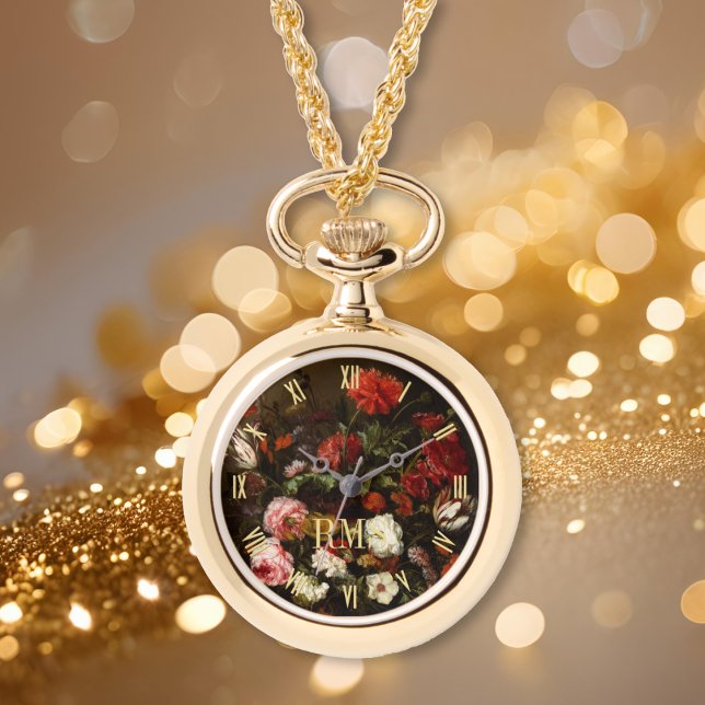 Floral Art Elegant Monogram Womens Necklace Watch (Floral Art Elegant Monogram Womens Necklace Watch)