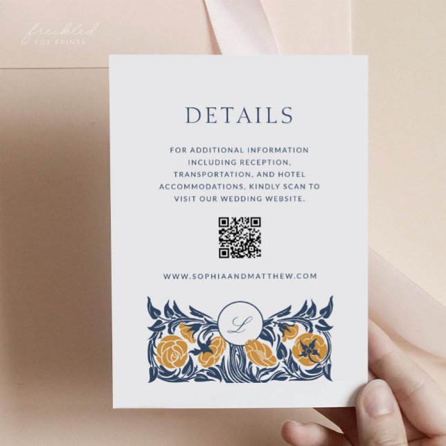 Floral Art Nouveau Monogram Details Card with QR (Floral Art Nouveau Monogram Wedding Details Card with QR code)