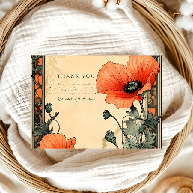 Floral Art Nouveau Poppy  Wedding Thank You Card (Creator Uploaded)