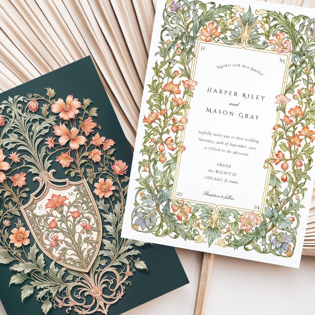 Floral Art Nouveau Wedding Bougainvillea Shield Invitation (Creator Uploaded)
