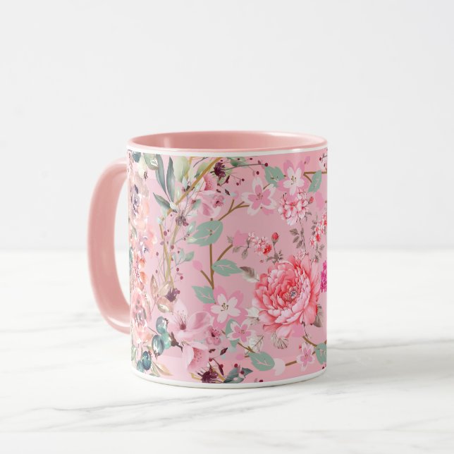 Floral Art, Pink Floral Wreath, Pink Art Mug (Front Left)