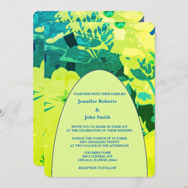Floral Artsy Yellow Blue Green Garden Arch Wedding Invitation (Front/Back)