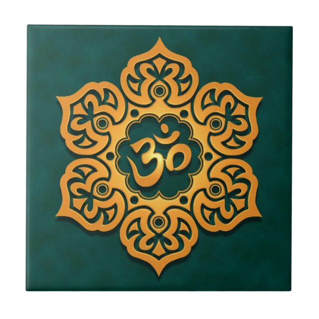 Floral Aum Design, golden teal Ceramic Tile (Front)